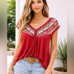 Free People Red V-Neck Boho Tunic with Tribal Yoke